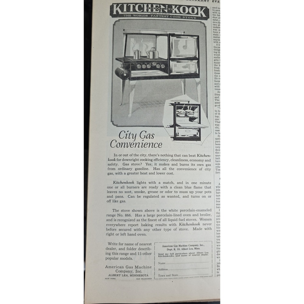 1927 Kitchen Kook Gas Stove White Porcelain Enamel Advertising Page Original Ad